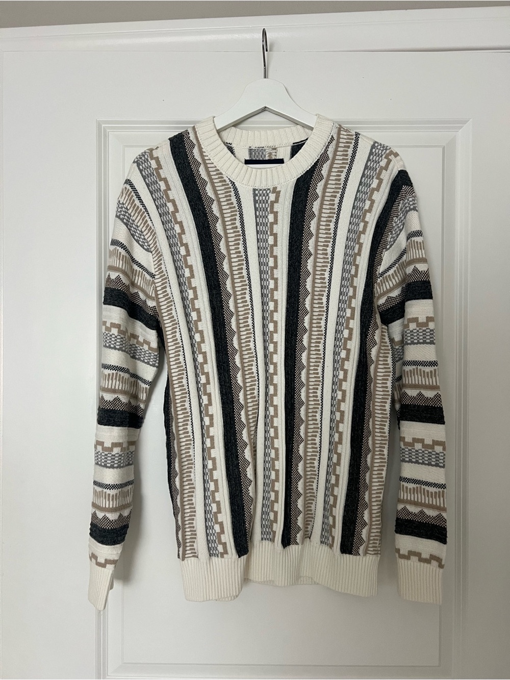 Hollister Striped Geometric Crewneck Sweater - Cream, Beige & Black
